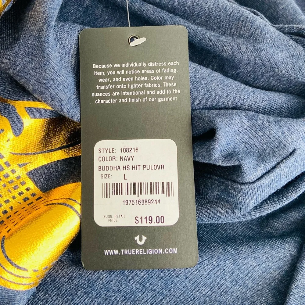 True Religion Hoodie Men’s XL Blue/Gold Logo Long Sleeve Graphic Print‎